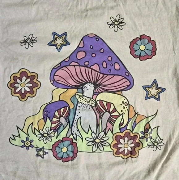 Bowery Supply Co Mushroom Graphic T-Shirt beige women's size Small - Picture 7 of 7